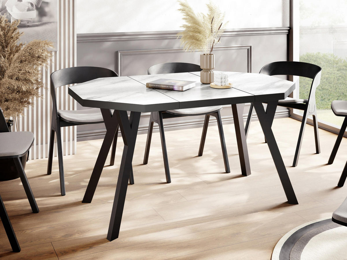 ESSTISCH Desmond achteckiger ausziehbarer, Marmor Weiß 100-150/100/76 cm - Ecru/Schwarz, Holz/Holzwerkstoff (100/150/76cm) - WFL GROUP