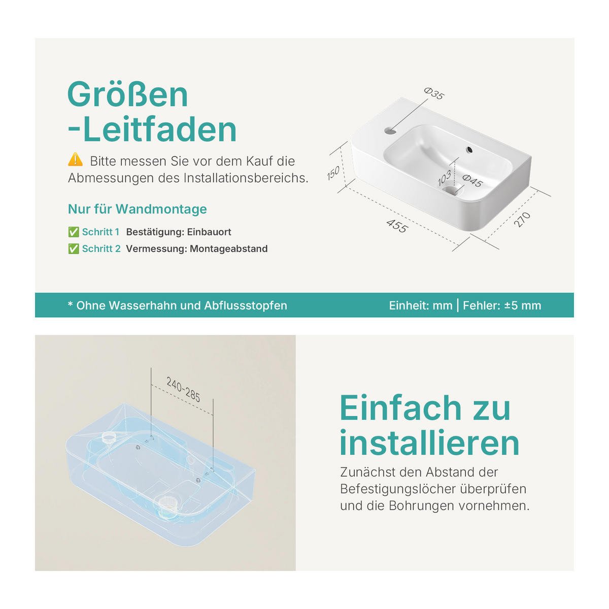 WASCHBECKEN Rechteckig Mit Hahnloch rechts Weiß 45 / 26,5 / 15,6 cm - Weiß, Keramik (26.5/15.5/45cm) - EMKE