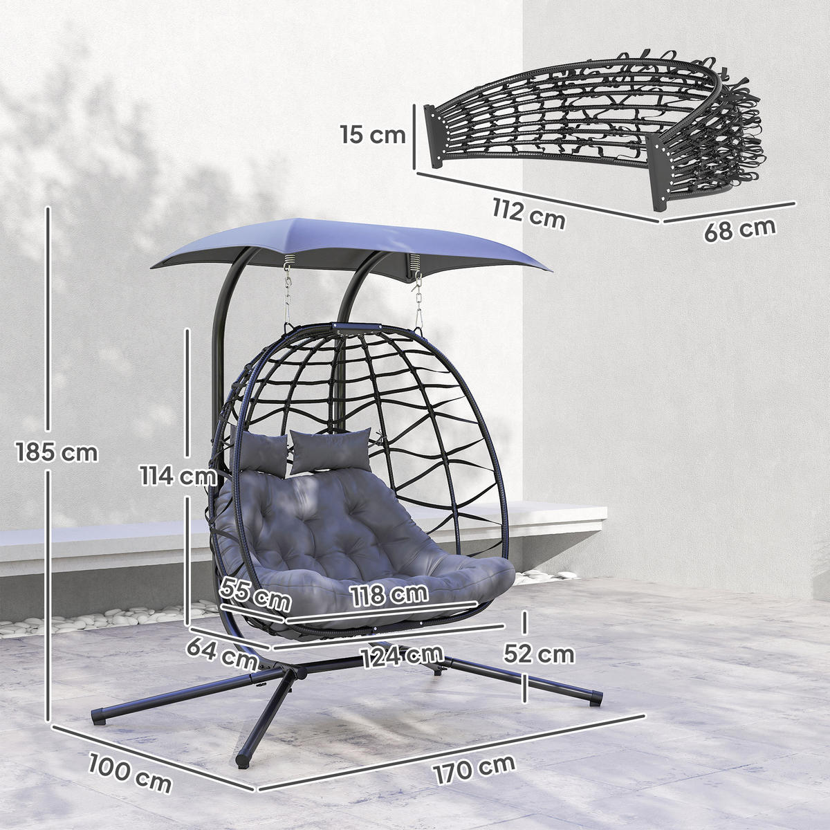 RATTAN-STUHL Dunkelgrau 170.0/100.0/185.0cm - Dunkelgrau, Metall (100/185/170cm)