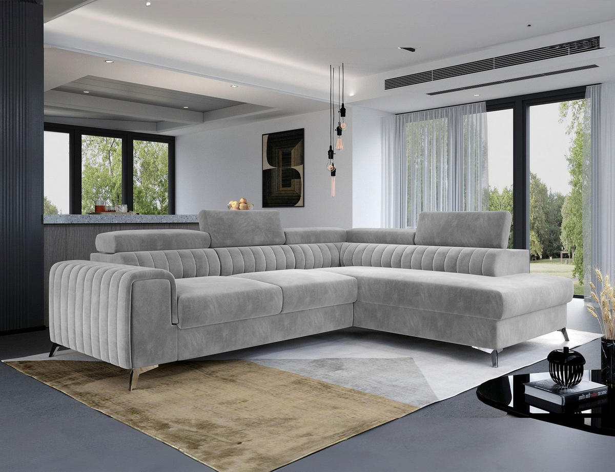 ECKSOFA Laurence mit Schlaffunktion & Bettkasten – 278 x 205 cm, verstellbare Kopfstützen - Grau, Kunststoff (278/205cm) - Wohnideebilder