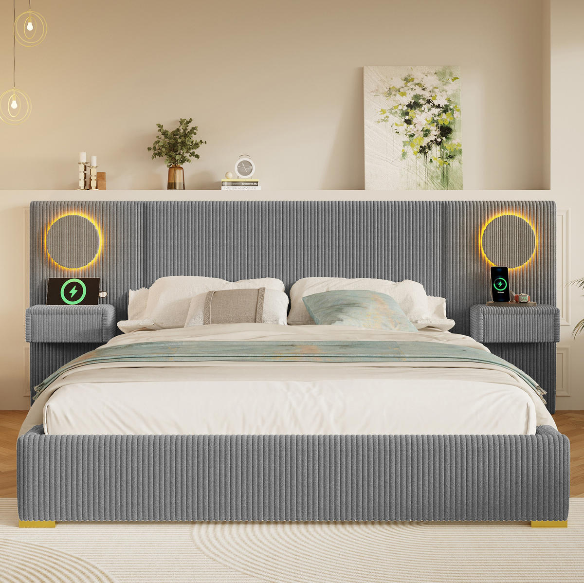 POLSTERBETT 180x200 cm in Grau mit LED-Kopfteil, USB-Anschlüssen und Nachttisch-Schubladen - Grau, Textil (180/200cm) - IVMEU