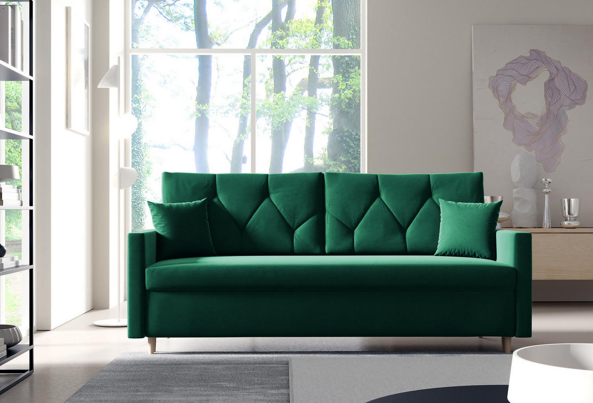 SCHLAFSOFA ARO, Sofa mit Schlaffunktion und Bettkasten, Klappsofa, Schlafcouch mit Füßen aus Naturholz, Veloursstoff, Couch in Frabe: Grün - Grün, Textil (217/100/87cm) - Sepro Meble