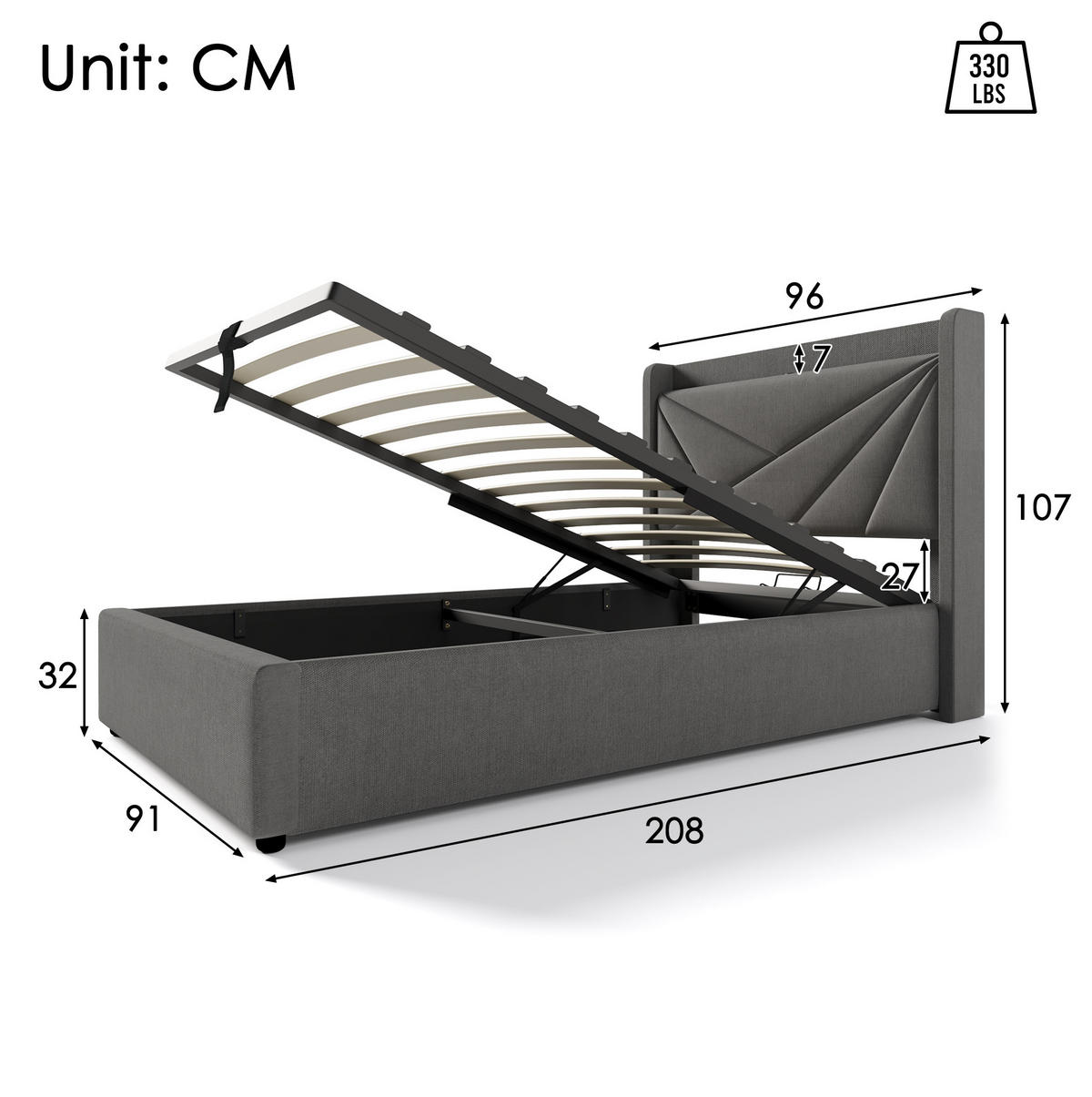 JEDNOLŮŽKOVÁ postel 90/200 cm šedá z bavlněného lnu s úložným prostorem a USB/Typ-C - šedá, textil (90/200cm) - OKWISH