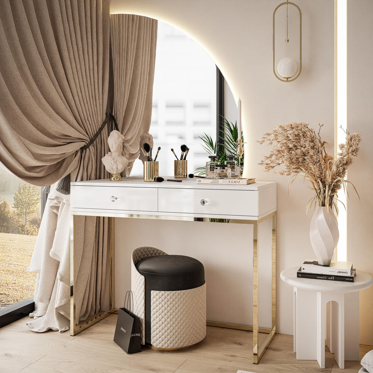 SCHMINKTISCH weiß QUINNIE mit LED-Spiegel gold Chrom rechts Griff Kristall - Goldfarben/Weiß, Holzwerkstoff (100/176/42cm) - Lookway