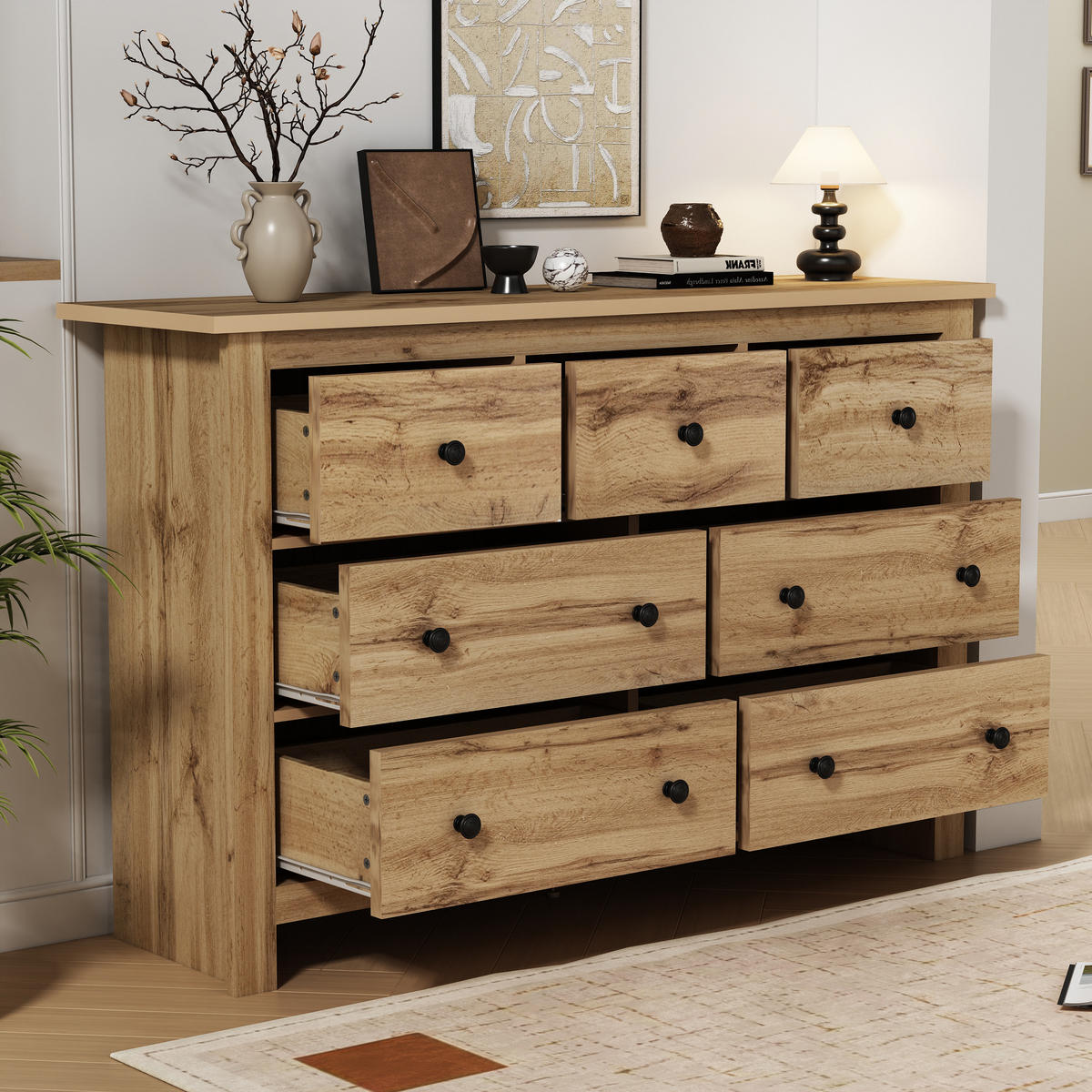 SIDEBOARD Holz 7 Schubladen Modern Stauraum Minimalistisch - Naturfarben, Holzwerkstoff (40/89/152cm) - FLIEKS
