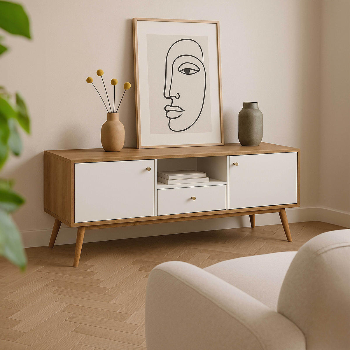 TV-SCHRANK, Weiß - Weiß, Holz (40/55/150cm) - Oviala