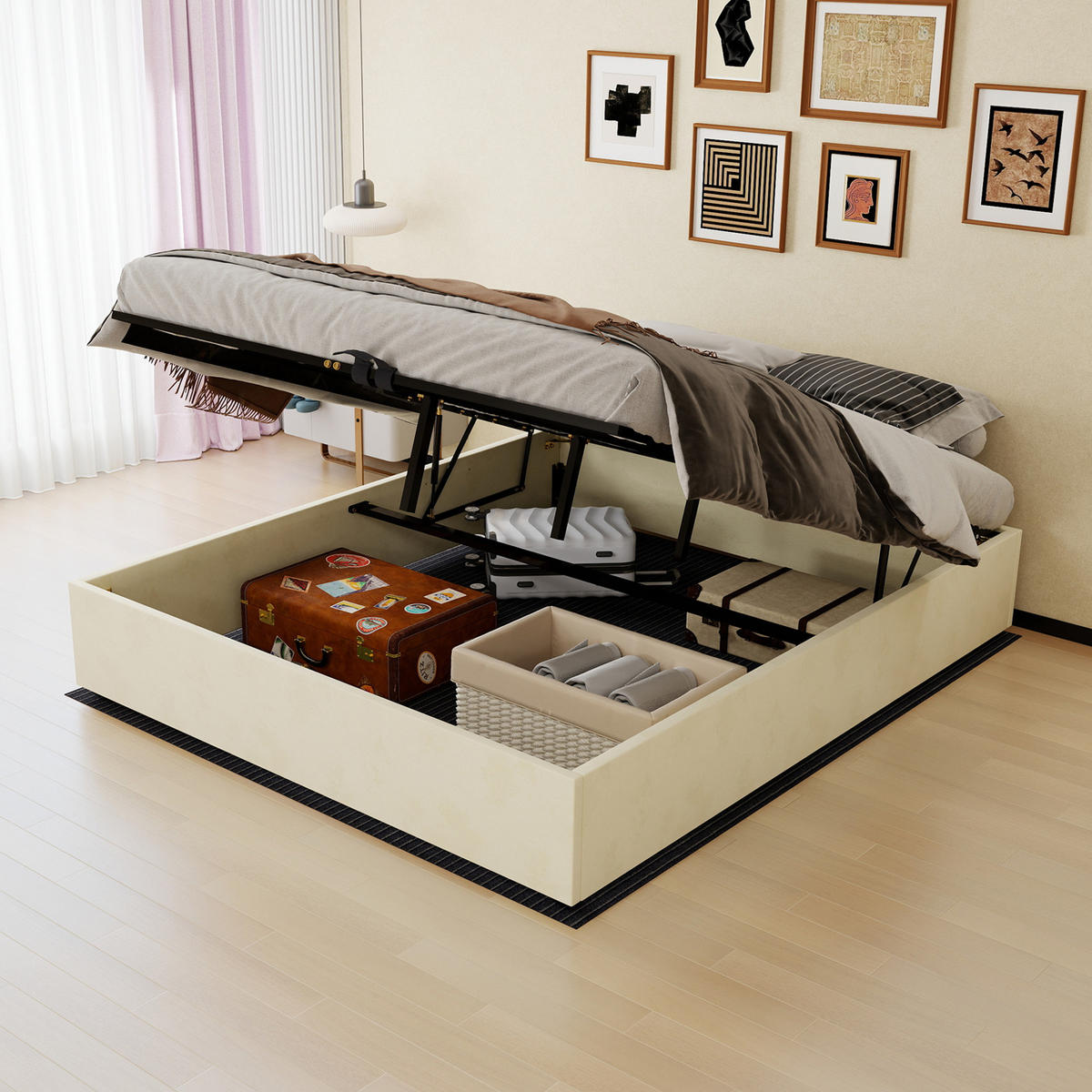 POLSTERBETT 160/200 mit Gasdruckfedern und Samtbezug in Beige - Beige, Holz/Holzwerkstoff (160/200cm) - EVRYAE