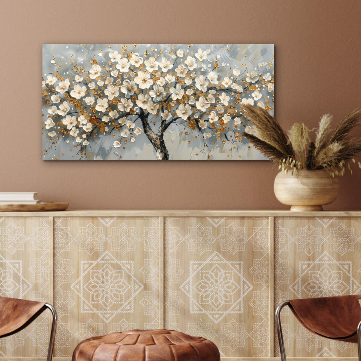 KOVOVÝ OBRAZ Strom - Kvety - Biela - Príroda - Umenie 80x40 cm - biela, kov (80/40cm) - MuchoWow