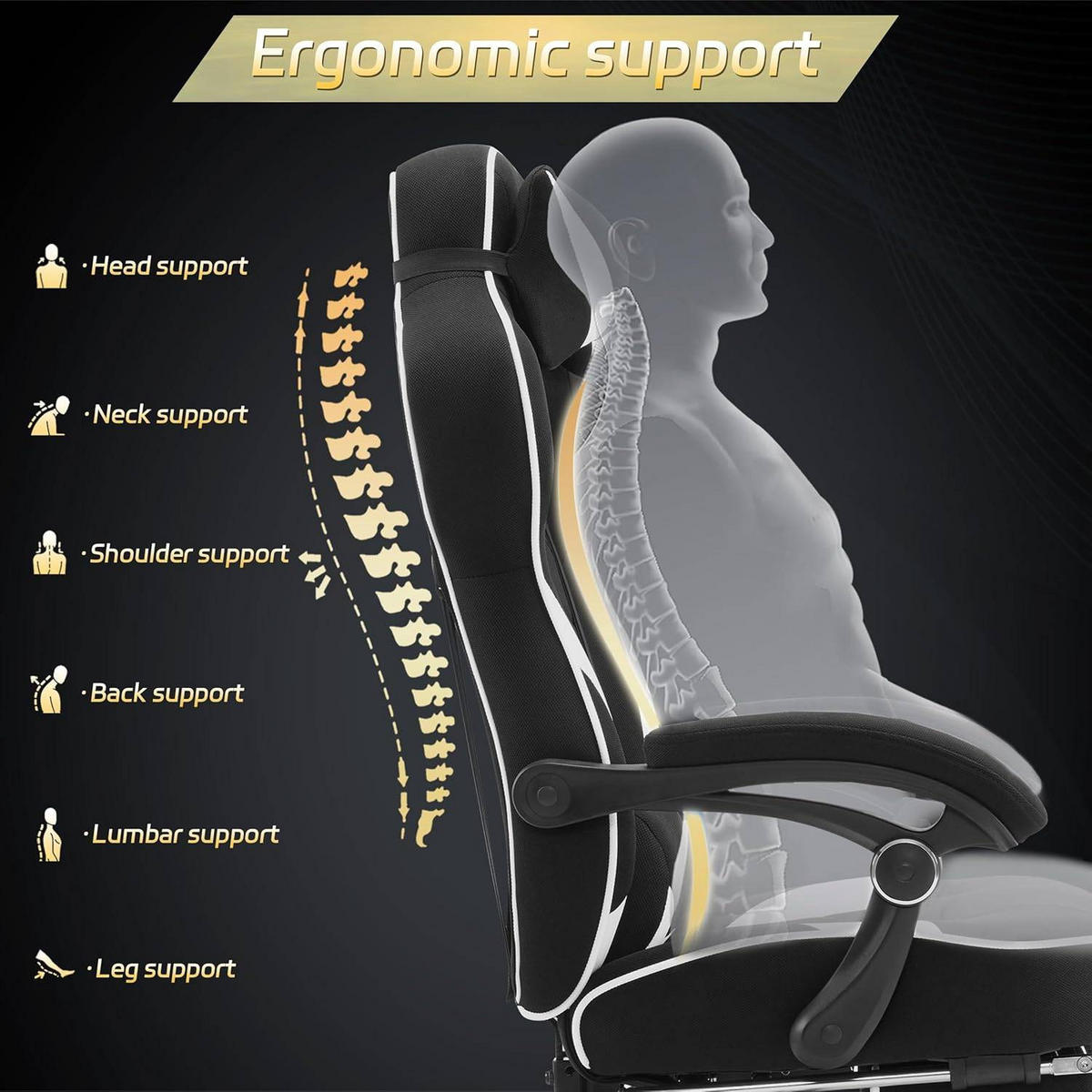 GAMINGSTUHL Stoff Stoff Kühl im Sommer Ergonomischer, 150 kg Belastbarkeit - Schwarz/Weiß, Kunststoff/Textil (70/128/70cm) - Woltu
