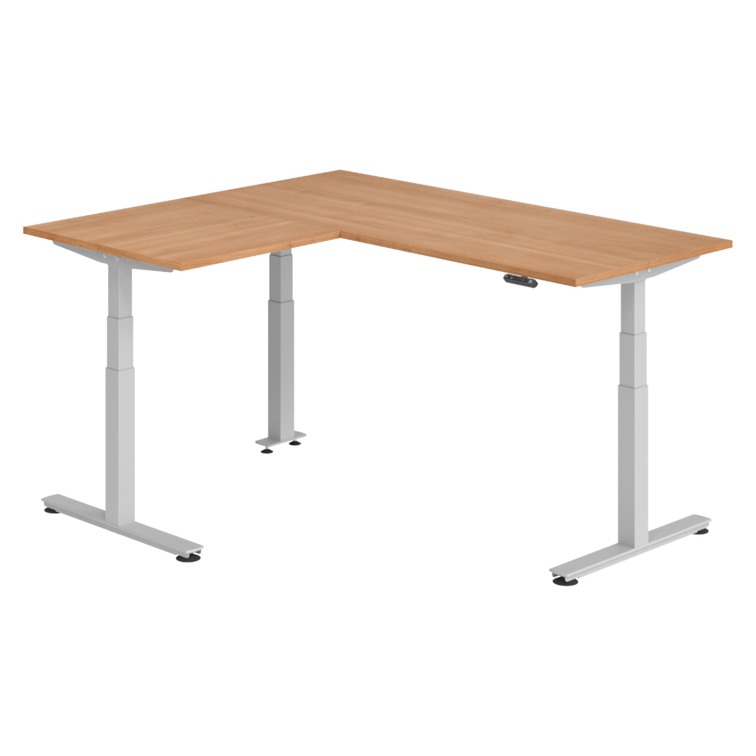 ECKSCHREIBTISCH elektrisch höhenverstellbar L-Form 160/180/74 cm in Nussbaumfarben/Silberfarben - Silberfarben/Nussbaumfarben, Holzwerkstoff (160/180/74cm) - bümö