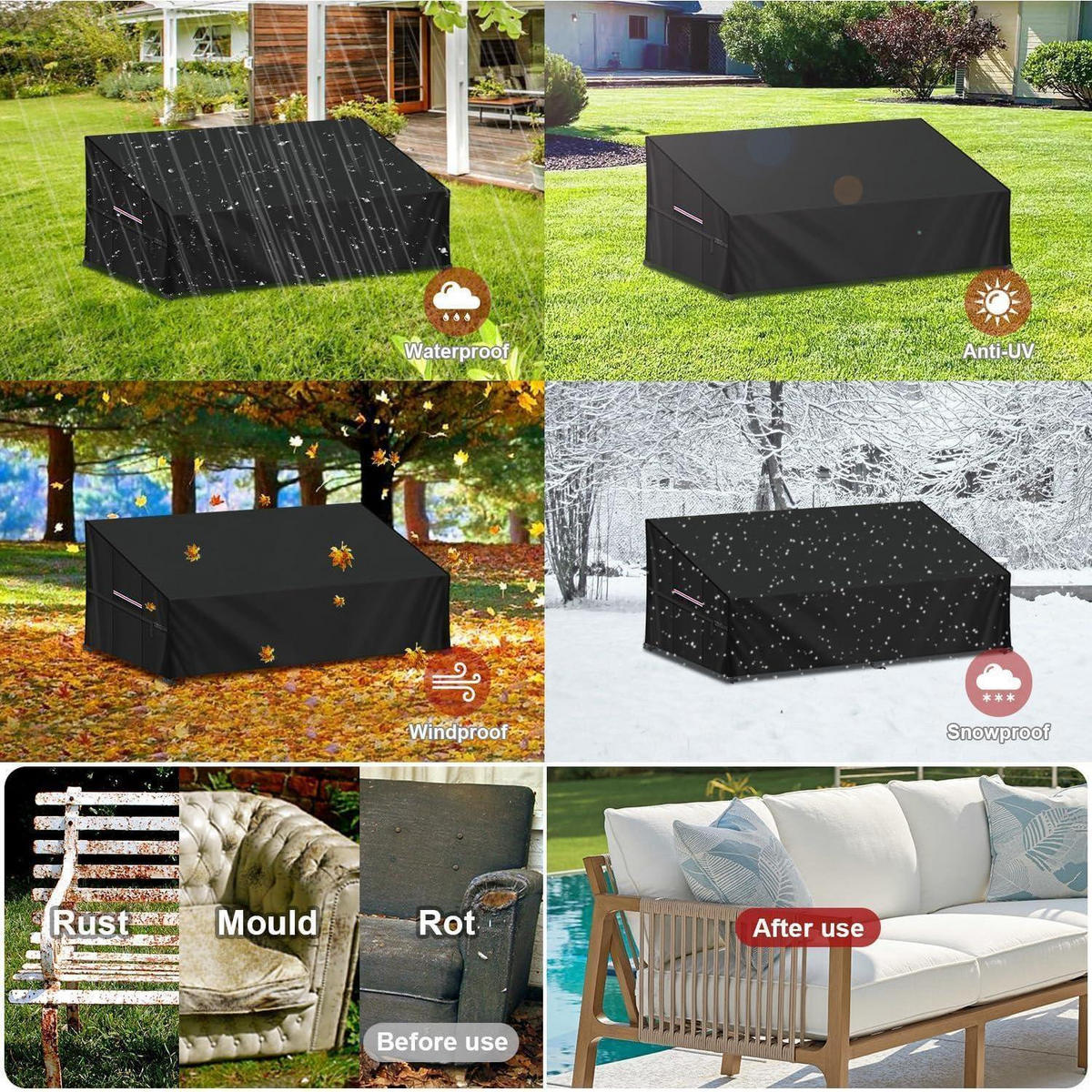 GARTENSOFA Abdeckung 205x85x80/40cm Wasserdicht Winddicht - Schwarz, Textil (85/80/205cm)