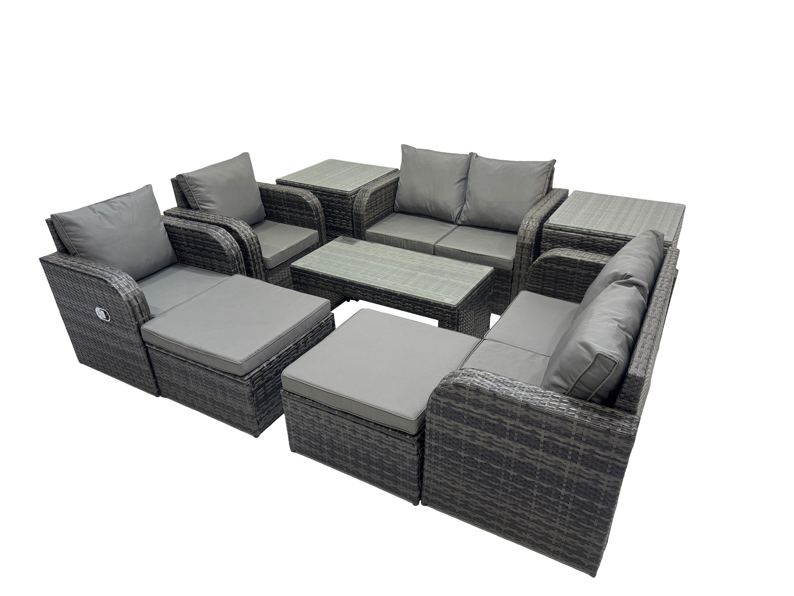 GARTENSOFA SET mit LIEGESTUHL Polyrattan 8-Sitzer Dunkelgrau - Dunkelgrau/Grau, Glas/Kunststoff - Fimous