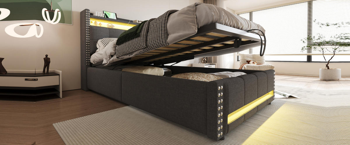 POLSTERBETT 90/200 cm Grau aus Leinenstoff mit LED und Stauraum - Grau, Textil (90/200cm) - OKMYHOME