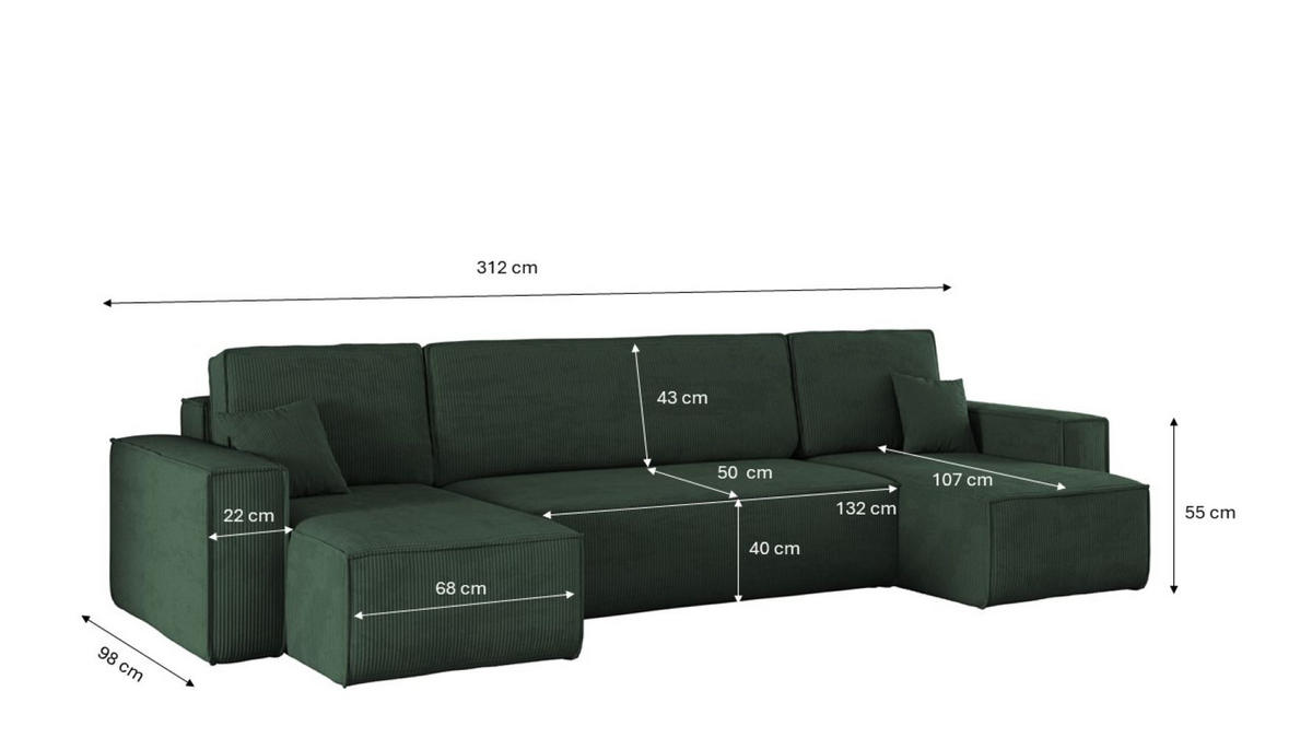 ECKSOFA Mit Schlaffunktion Und Bettkasten BEST Dicker Cord Poso Grün - Grün, Holz/Textil (312/142cm) - Kaiser Möbel