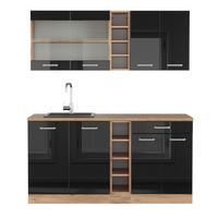 SINGLEKÜCHE R-Line Schwarz Hochglanz/Goldkraft Eiche 160 cm, AP Eiche - Schwarz Hochglanz/Eiche Wotan, Holzwerkstoff (160/81.6/60cm) - Vicco