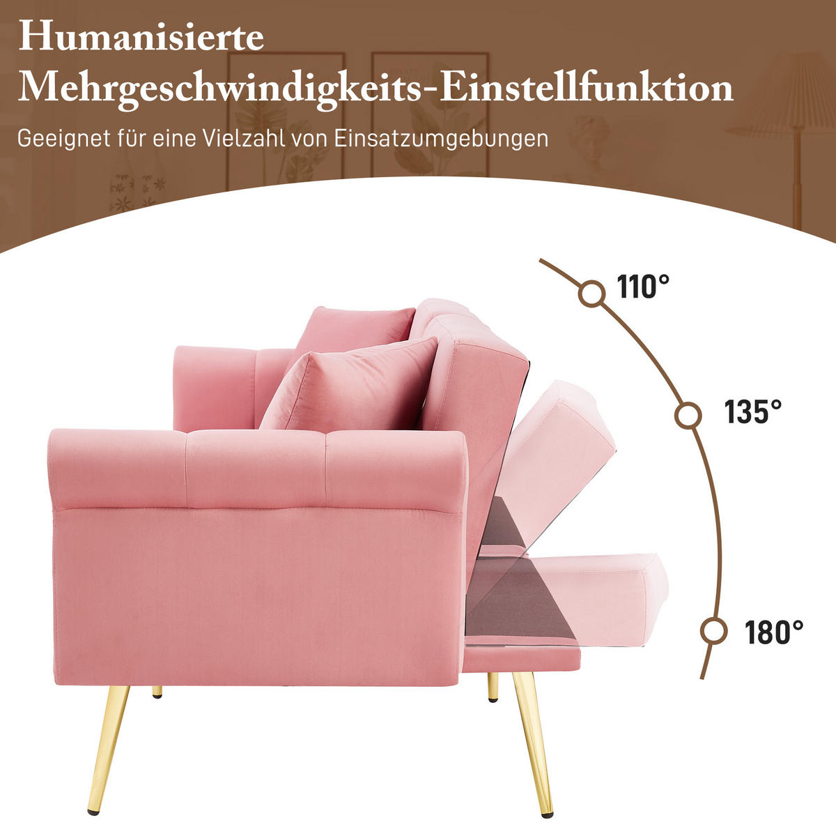 SCHLAFSOFA 2-Sitzer Samt mit 3-fach verstellbarer Doppel-Rückenlehne Rosa 173/75/70 cm - Rosa, Textil (70/173/75cm) - Redom