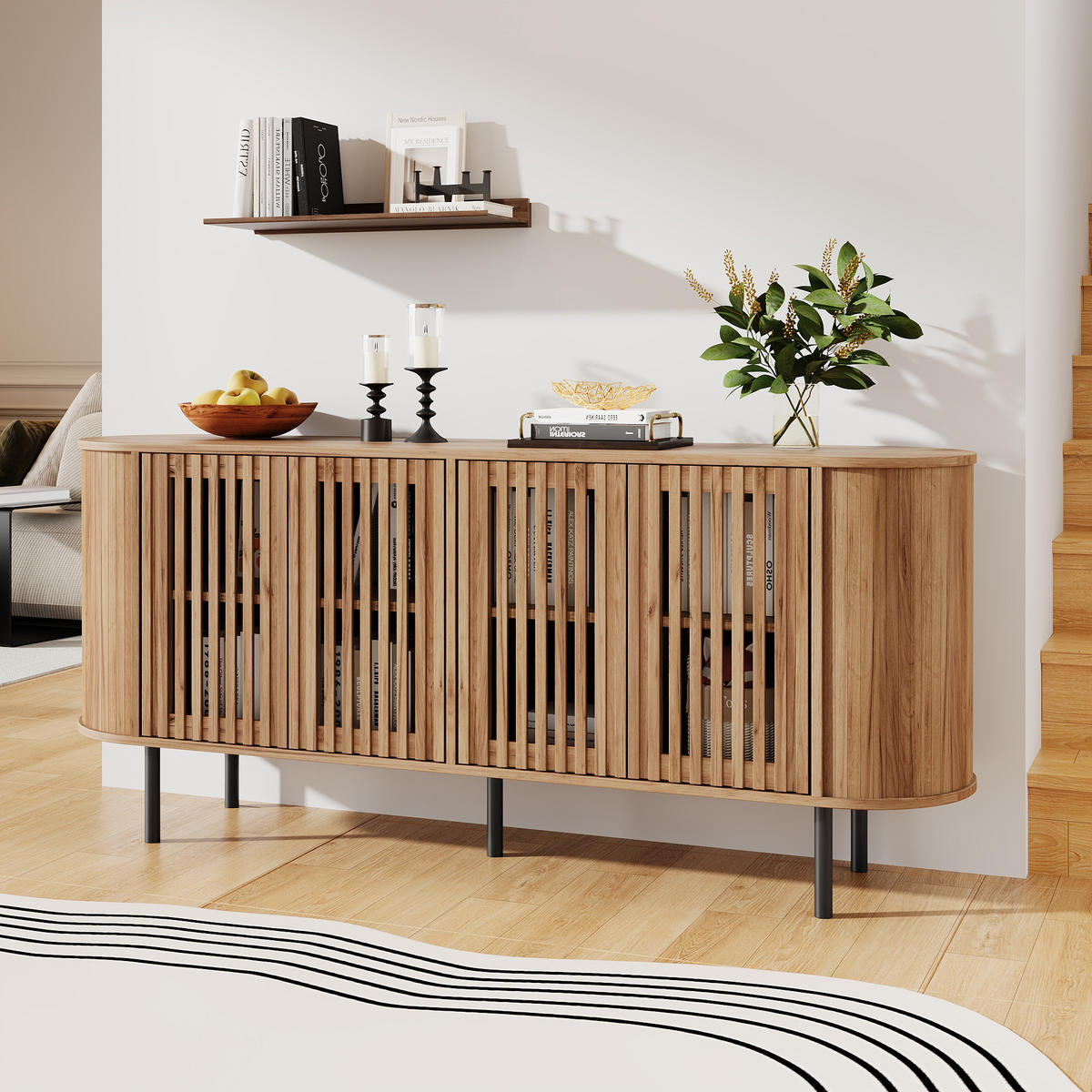 SIDEBOARD 160x40x70cm Naturholz mit 4 Schiebetüren - Naturfarben, Holzwerkstoff (160/70/40cm) - FLIEKS