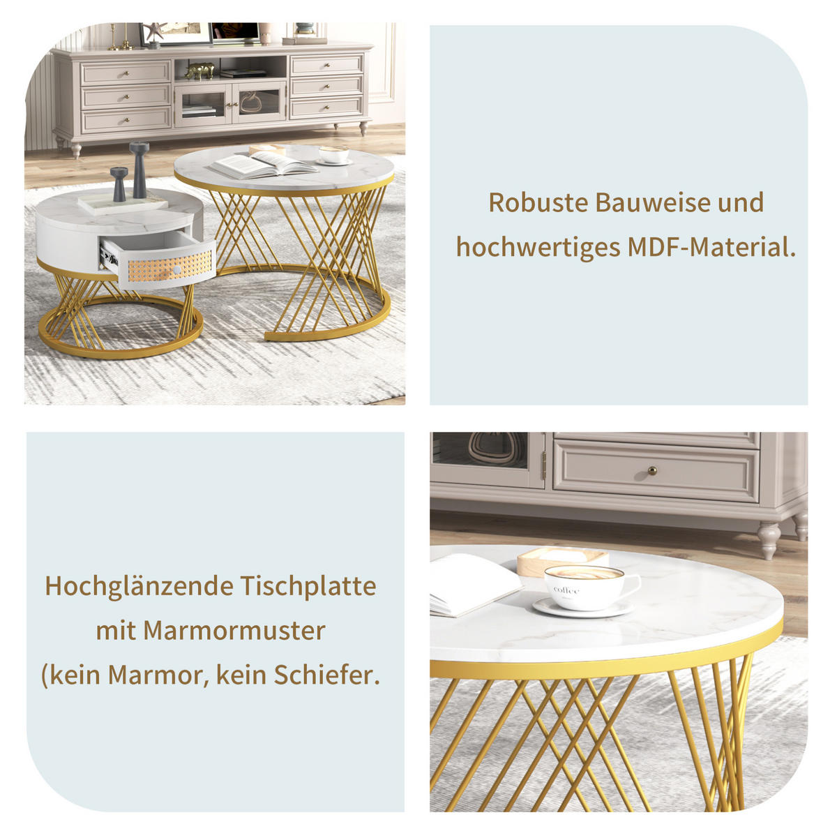 COUCHTISCH-SET aus MDF und Metall 70x70x45,5 cm Weiß/Gold mit Schublade - Weiß, Holzwerkstoff (70/70/45.5cm) - IVMEU