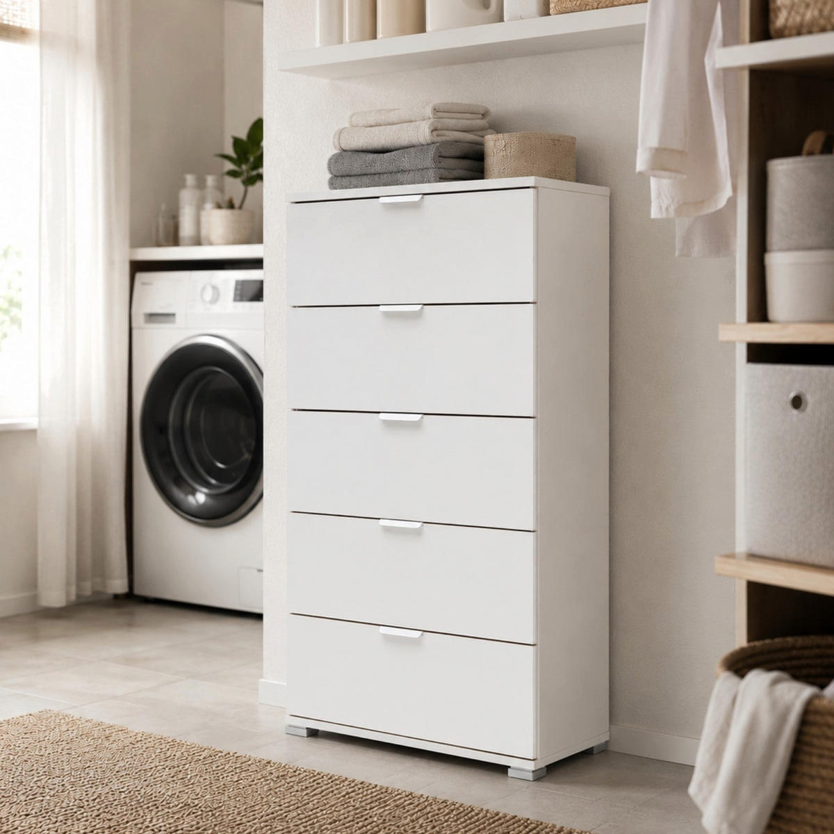 BELA Komoda s 5 Predali Že Sestavljena ; Prostorsko Varčno Pohištvo 60x103x38 cm - bela, leseni material - The White Stone