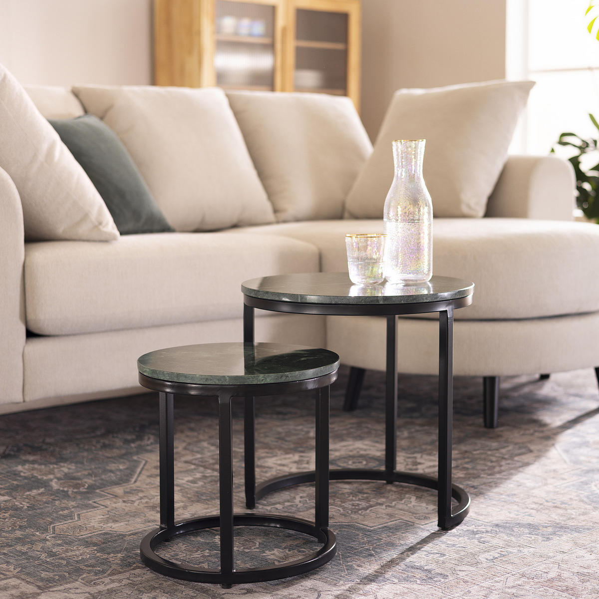 COUCHTISCH-SET - Marmor, 2-teilig - Dunkelgrün/Schwarz, Naturmaterialien (45/45/45cm) - home24