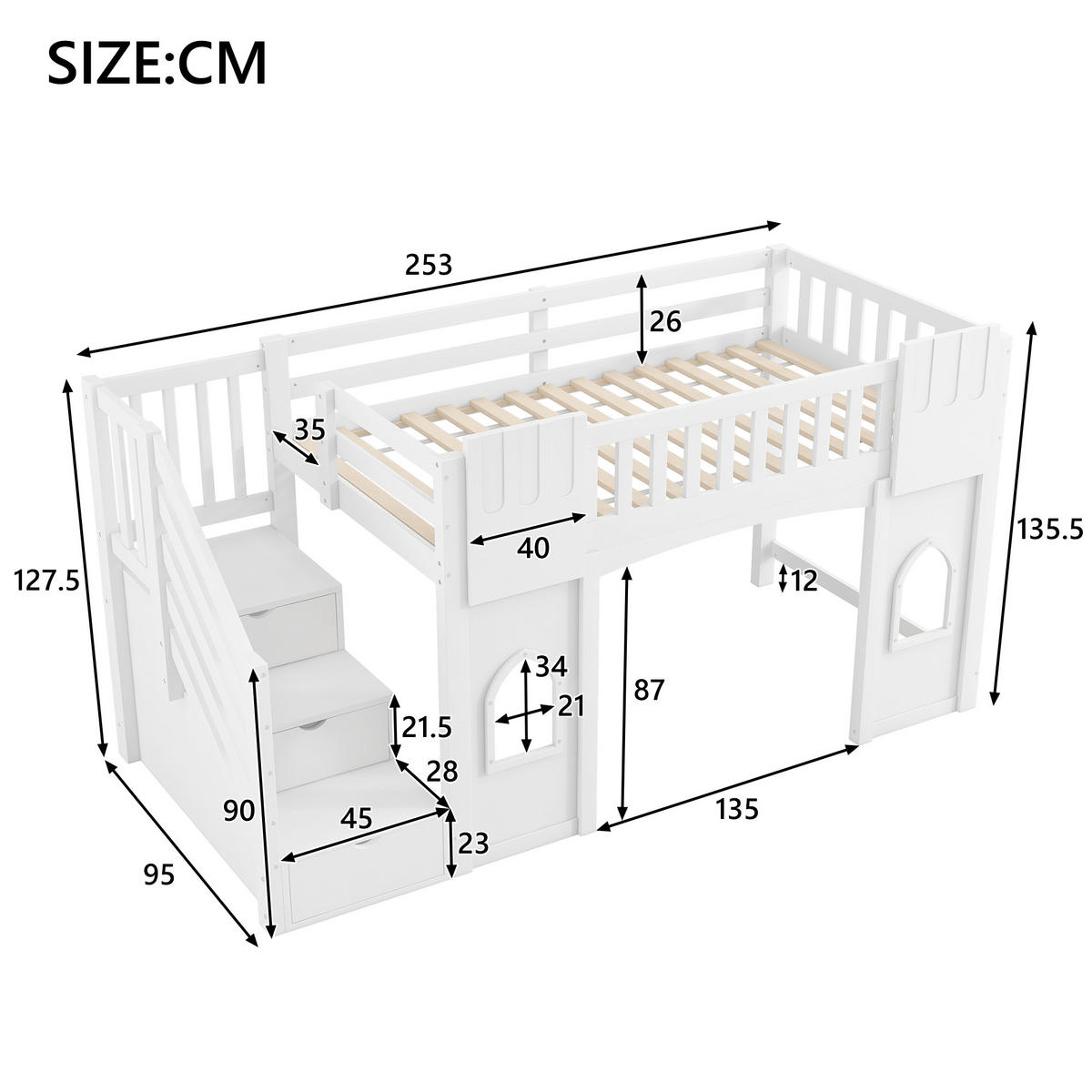 HOCHBETT 90/200 cm DE-03370, mit Stauraumtreppe und Fenster, in Weiß - Weiß, Holzwerkstoff (90/200cm) - ComfortXL