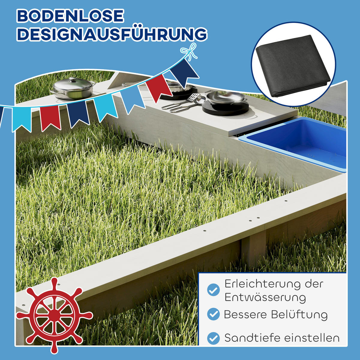 SANDKASTEN Sandkiste groß mit Abdeckung im Schiff Design Matschekiste aus Holz - Grau, Holz (180/103/144.5cm) - Outsunny