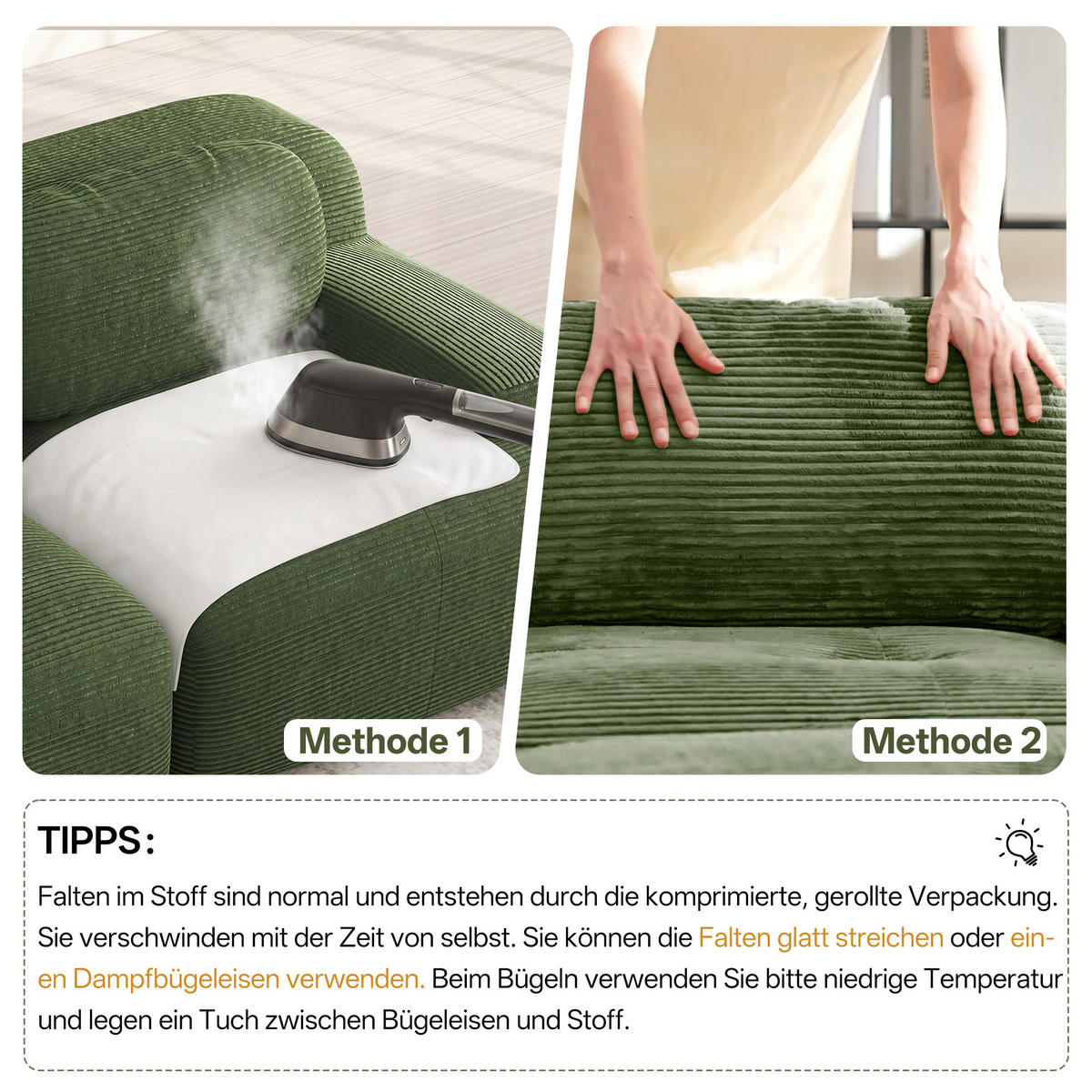 ECKSOFA 388/178/70 cm Grün Cord mit extra-breiten Armlehnen, Rahmenloses - Grün, Textil (388/178cm) - Oxeza