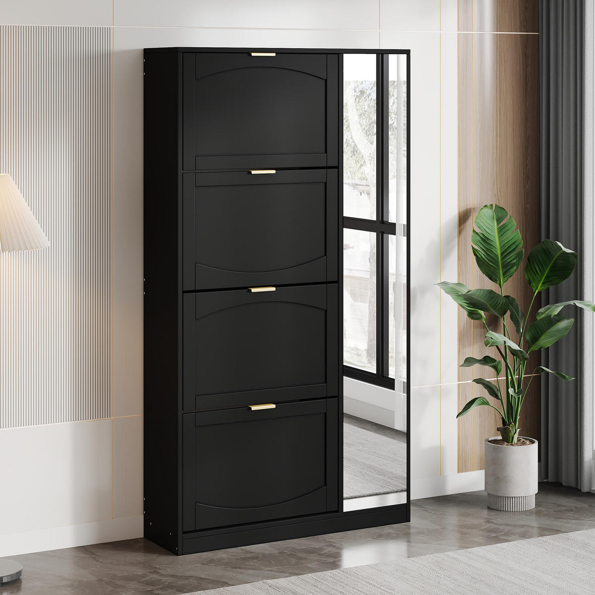 SCHUHSCHRANK aus Spanplatte 80x24x147cm in Schwarz mit Spiegeltüren - Schwarz, Holzwerkstoff (80/147/24cm) - Modfu