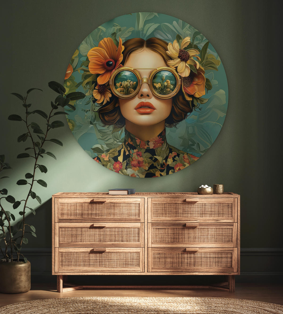 WANDBILD Frau - Blumen - Schmetterlinge - Natur - Vintage 140x140 cm - Petrol, Kunststoff (140/140cm) - MuchoWow