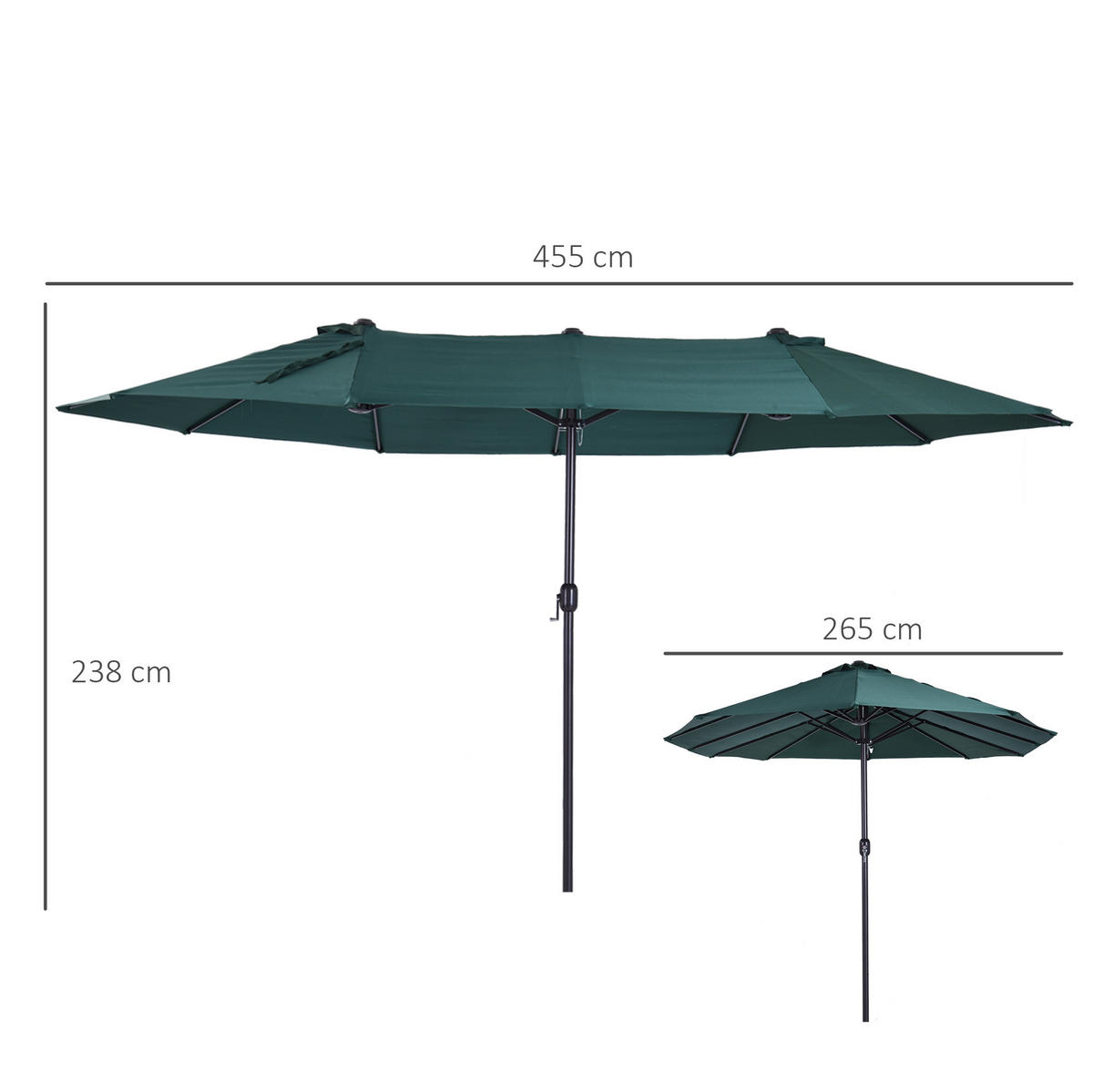 DOPPELSONNENSCHIRM aus Stahl 455x265x238 cm in Dunkelgrün mit Handkurbel - Dunkelgrün, Metall (265/455cm) - Modfu