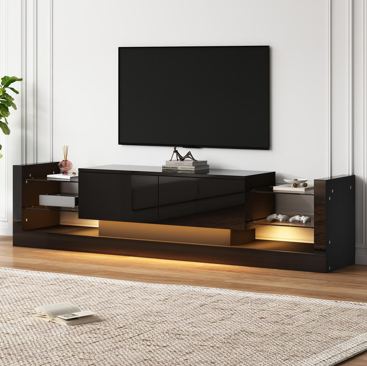 TV-SCHRANK in Schwarz Hochglanz mit Glasfront und LED 181/38/38 cm - Schwarz, Holzwerkstoff (181/38/38cm) - Redom