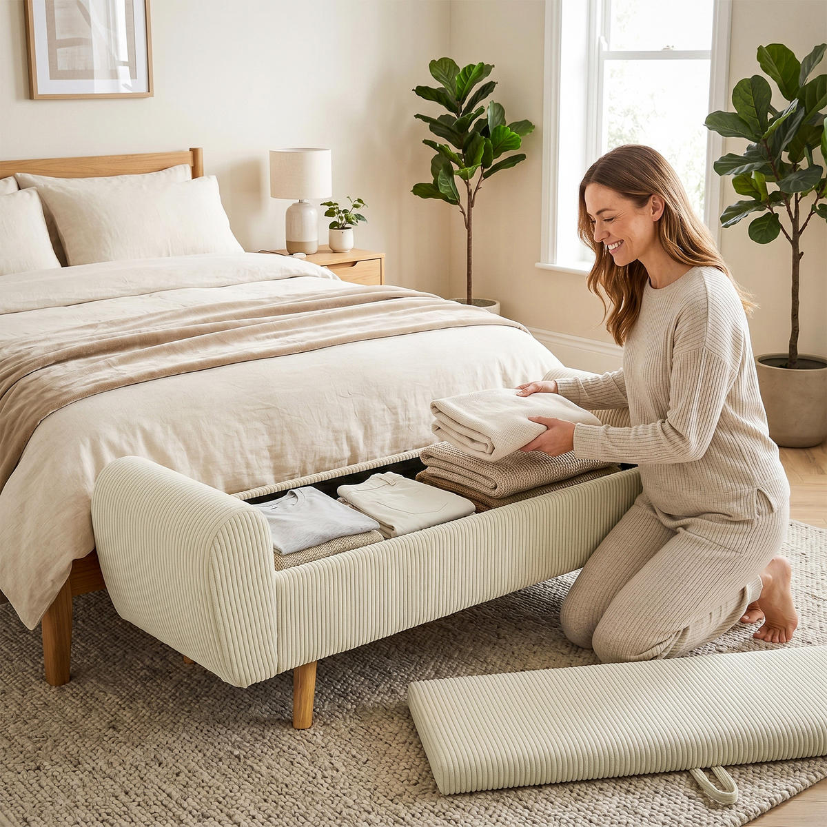 SITZBANK Polyester Gummibaumholz Beige - Beige, Holz/Textil (45/51/150cm) - HOMCOM