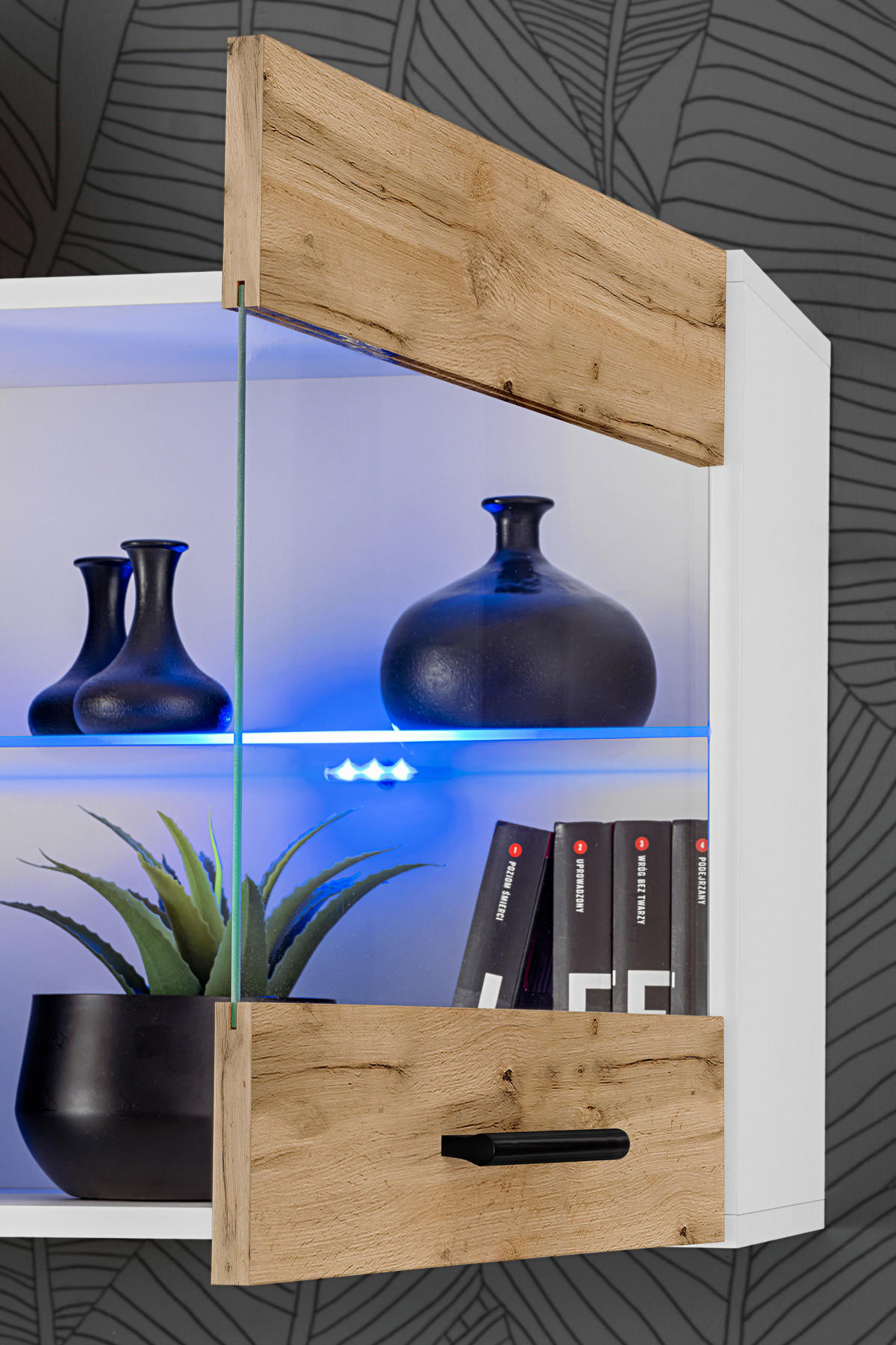 WOHNZIMMERSET Foggia, 6er-Set, Weiß, Front Eiche Wotan, LED Blau - Eiche Wotan/Schwarz, Glas/Holzwerkstoff (230/190/45cm) - Komodee