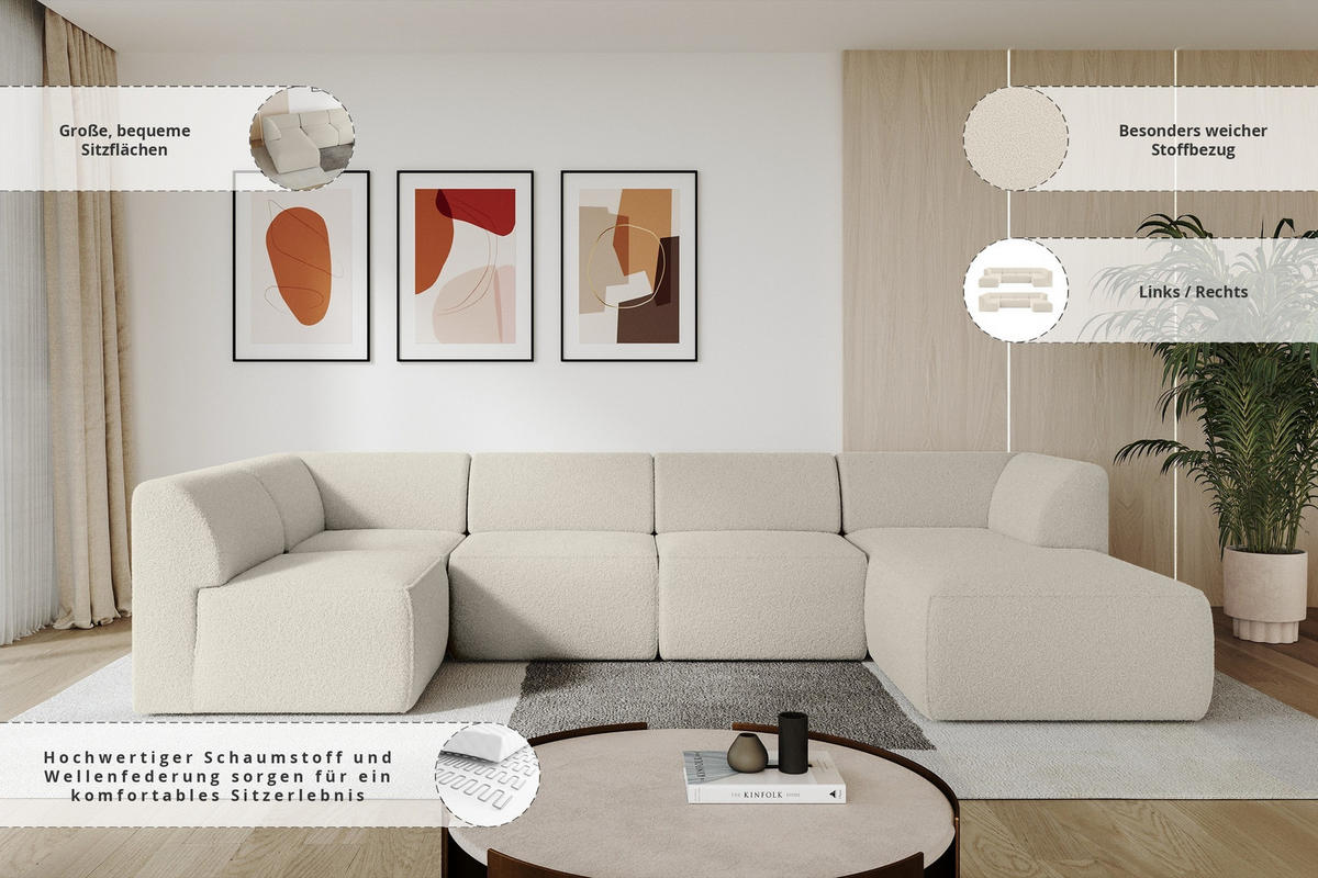 WOHNLANDSCHAFT Ottomane Rechts MOVO-L 345x180x78 cm Beige Bouclé - Sandfarben/Beige, Holzwerkstoff/Kunststoff (345/78/180cm) - ALTDECOR