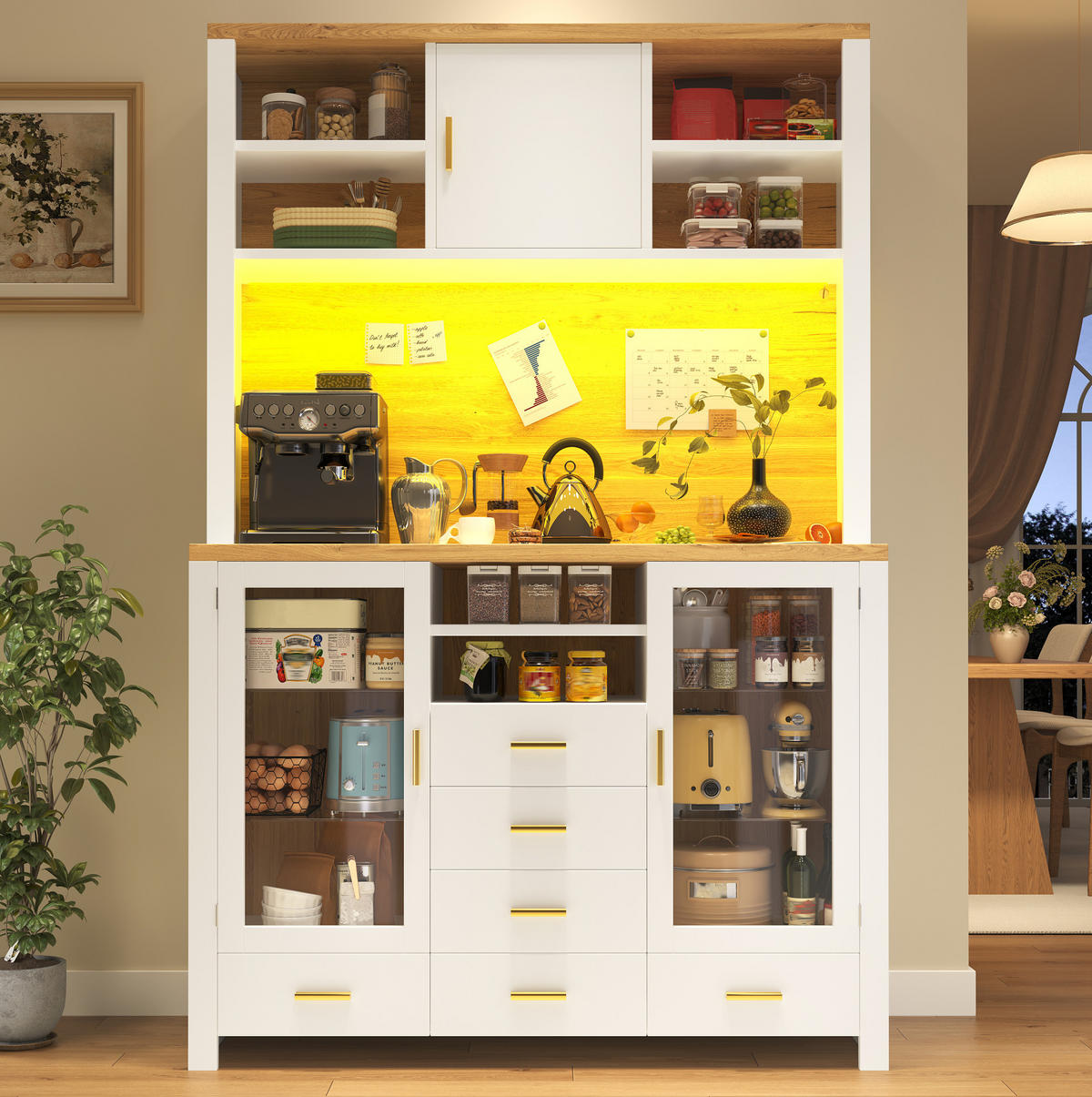 BUFFET 120/40/188 cm in Weiß mit Holzdekor und LED-Beleuchtung - Weiß, Holzwerkstoff (120/188/40cm) - Flora Grace