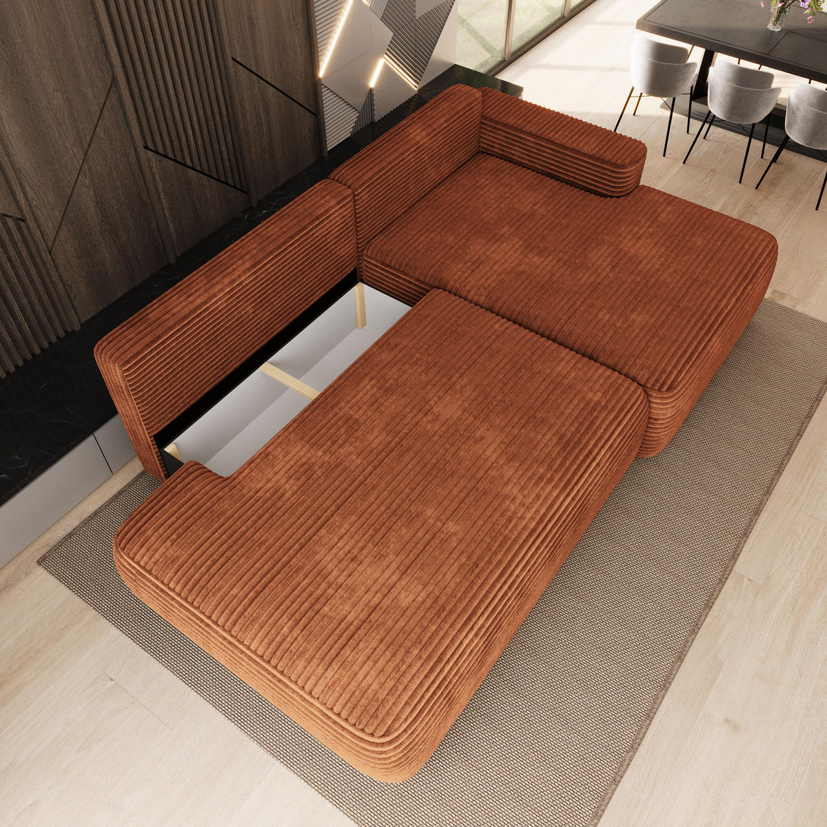 ECKSOFA AVINI T R-S Braun Kordstoff mit Schlaffunktion - Braun, Holzwerkstoff/Textil (277/160cm) - MASSENO