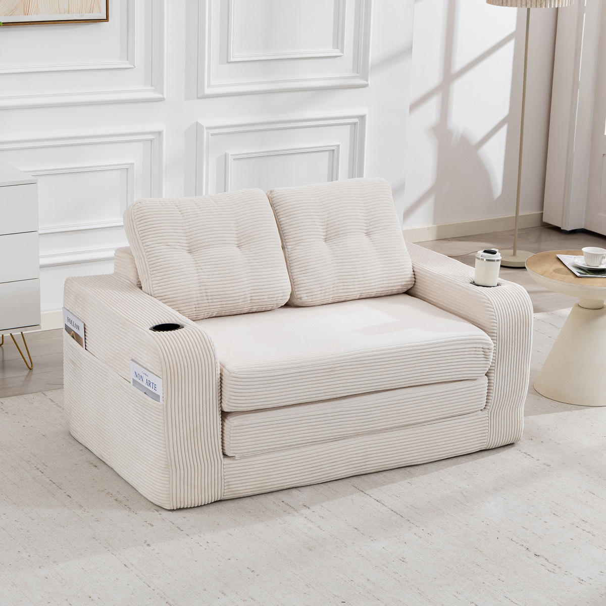 2-SITZER SOFA Cord Beige mit Getränkehaltern und Seitentaschen - Beige, Textil (136/82.5/80cm) - WISHDOR