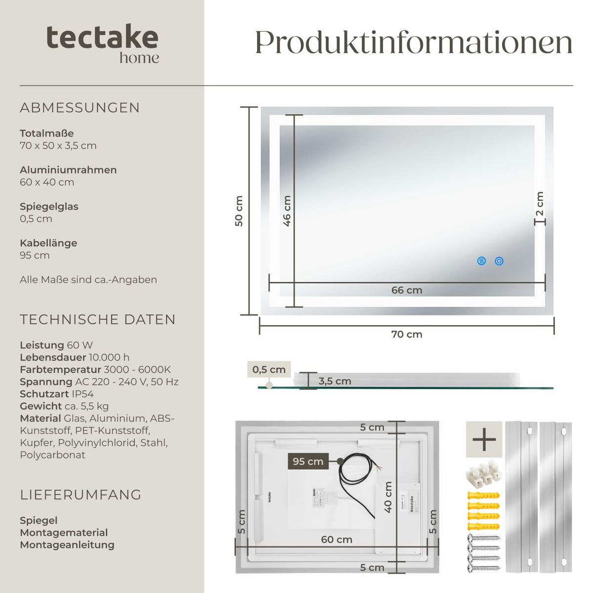 LED-BADEZIMMERSPIEGEL rechteckig Clara,inklusive Spiegelheizung,anthrazit - Anthrazit, Glas (50/70/2.5cm) - tectake