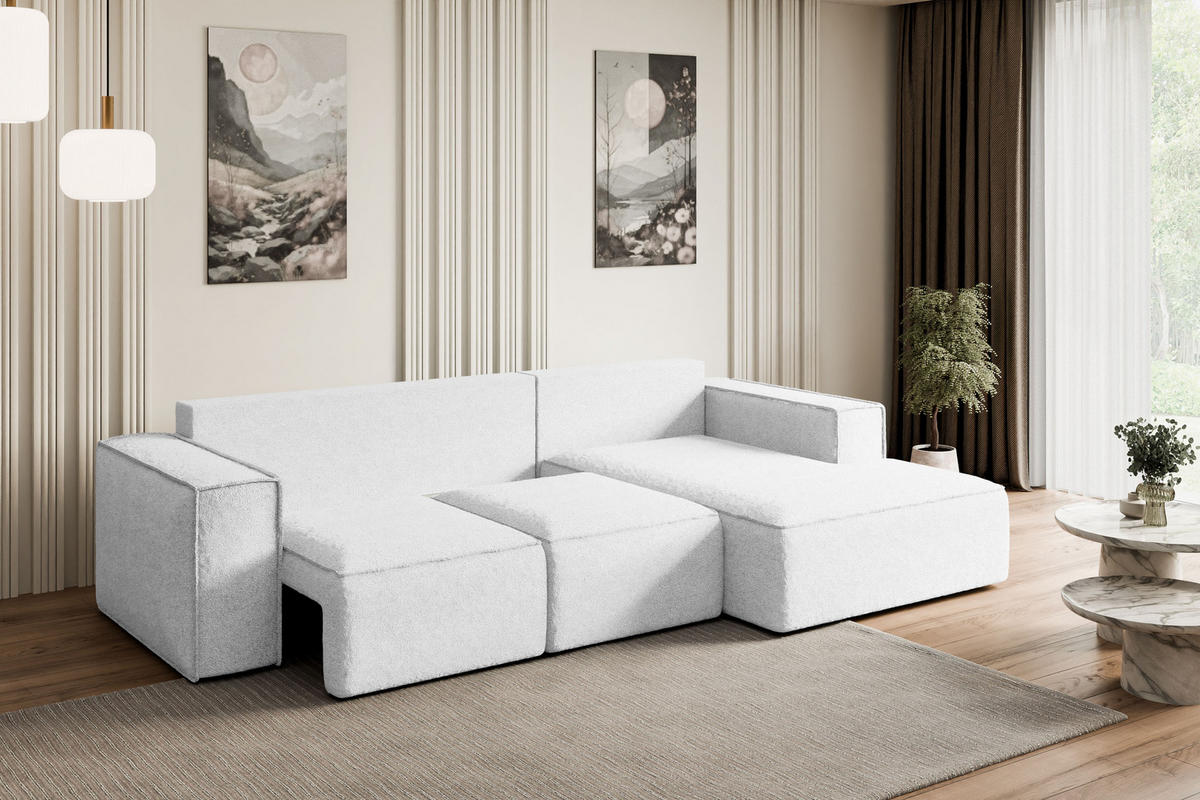ECKSOFA mit Schlaffunktion und Bettkasten SERRA-L-S - 266x161x87 cm Weiß Bouclé - Schwarz/Weiß, Holzwerkstoff/Kunststoff (266/161cm) - ALTDECOR