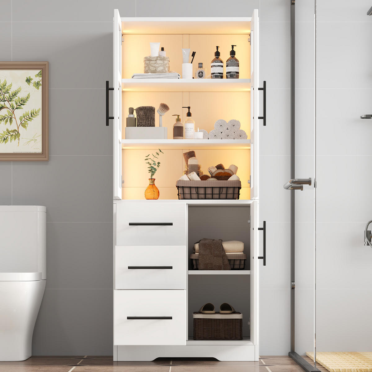 BADEZIMMERSCHRANK in Weiß Aufbewahrungsschrank mit Verstellbare Einlegeböden und App-gesteuertes LED, B72/T35/H170cm - Weiß, Glas/Holzwerkstoff (72/170/35cm) - STILVORA