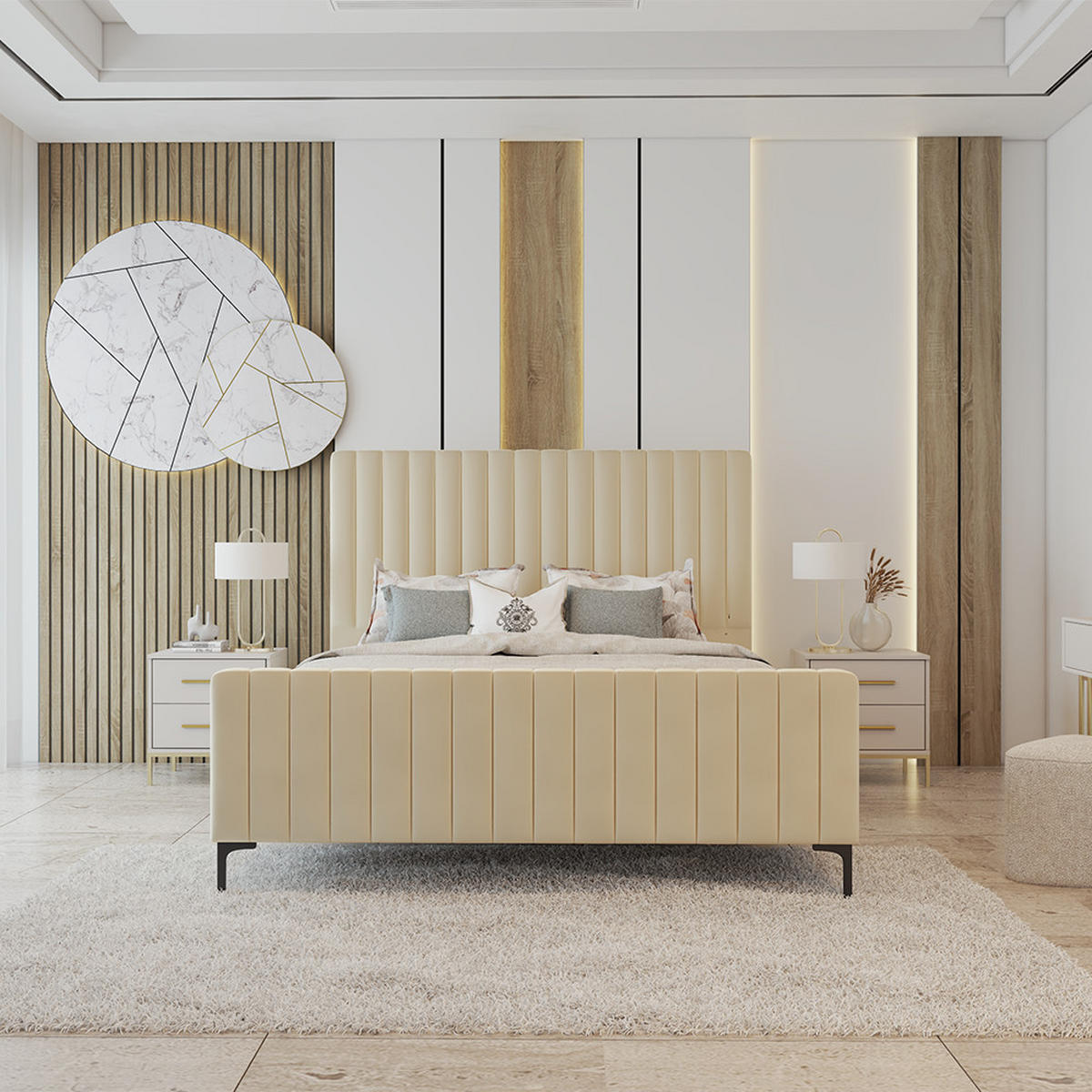 POLSTERBETT AURORA, Lattenrost, ohne Bettkasten, gepolsterte Kopfstütze 160/200 in Creme - Creme/Schwarz, Holz/Textil (160/200cm) - imoebel24