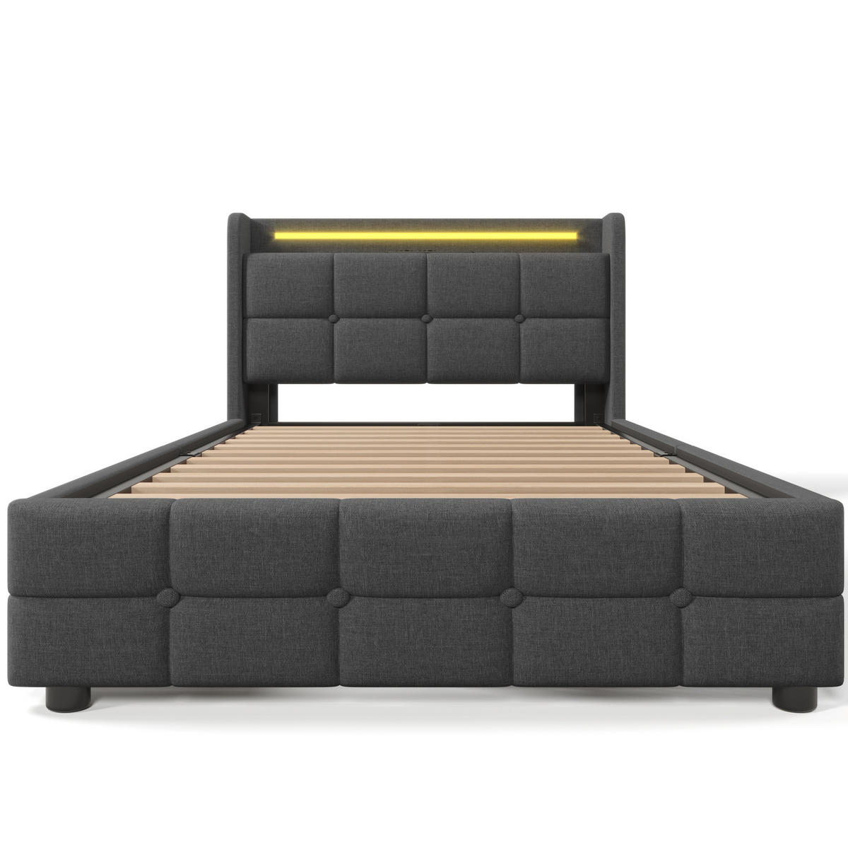 POLSTERBETT 90/200 cm grau aus Holz mit USB, LED und 2 Schubladen - Grau, Holzwerkstoff (90/200cm) - OKWISH