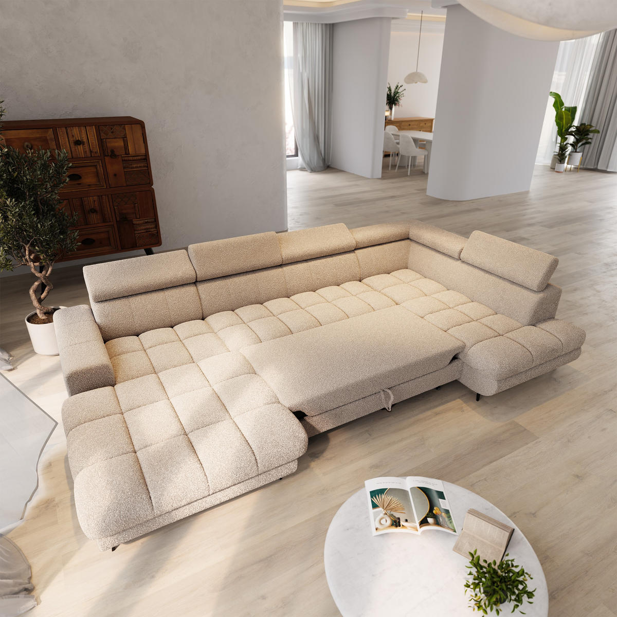 WOHNLANDSCHAFT CORENO Beige Boucle-Stoff mit Schlaffunktion - Beige, Holz (345/88/190cm) - MASSENO