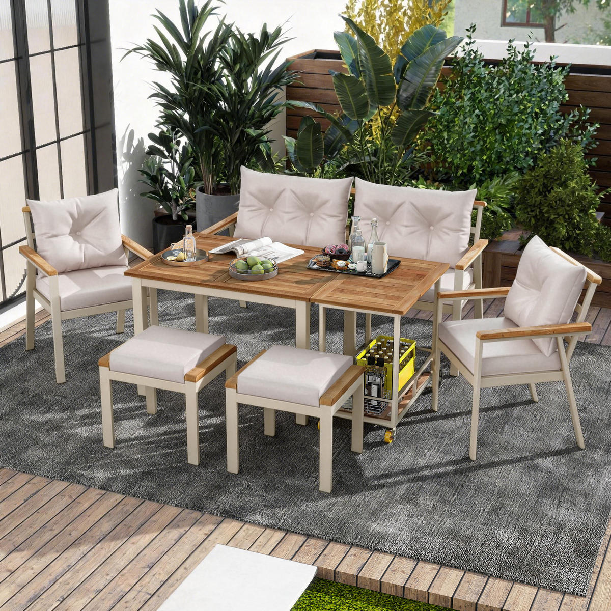 GARTENLOUNGE-SET 6-7-Sitzer-Gartenmöbel mit abnehmbarer und waschbarer Stoffbezug - Beige, Holzwerkstoff/Textil - STILVORA