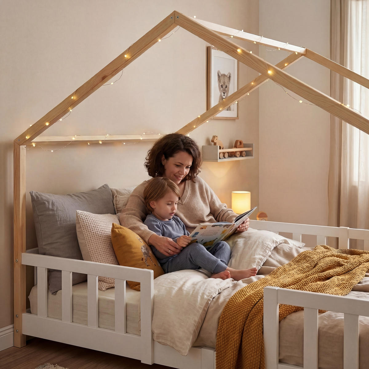 HAUSBETT Treviolo - Weiß/Naturfarben, Holz (140/200cm) - [en.casa]
