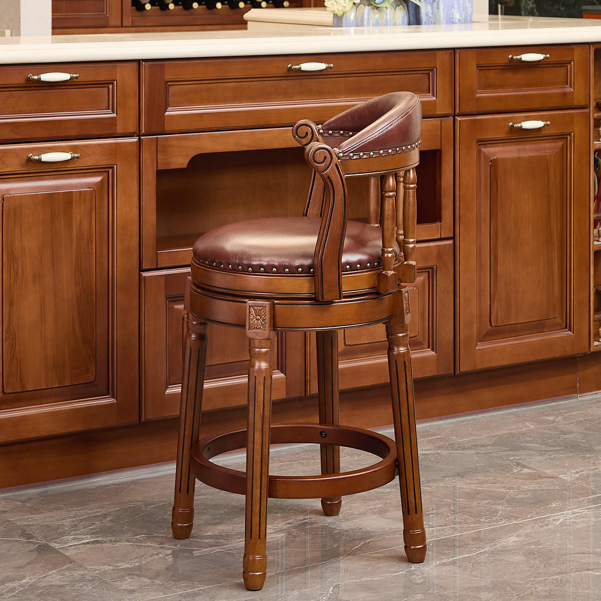 BARHOCKER 1er-Set Braun mit Echtleder und Rückenlehne - Braun, Holz (54.8/96/54.8cm) - PANGIVO