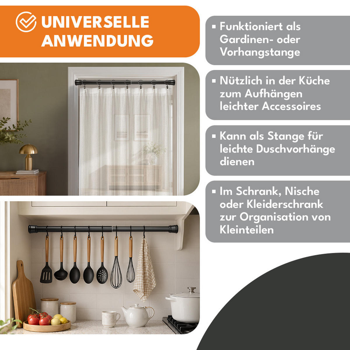 VORHANGSTANGE, Schwarz - Schwarz, Metall (2/120cm) - KRUMAD