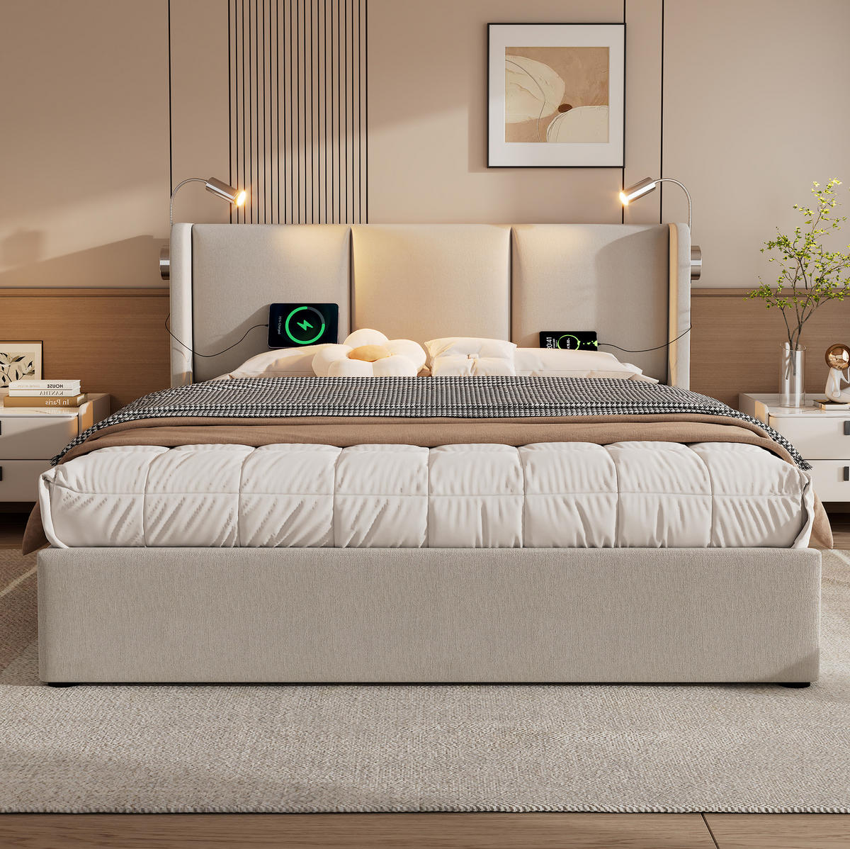 POLSTERBETT 180x200 cm in Beige mit Bettkasten, Leselampe und 2 USB-Anschlüssen - Beige, Textil (180/200cm) - IVMEU