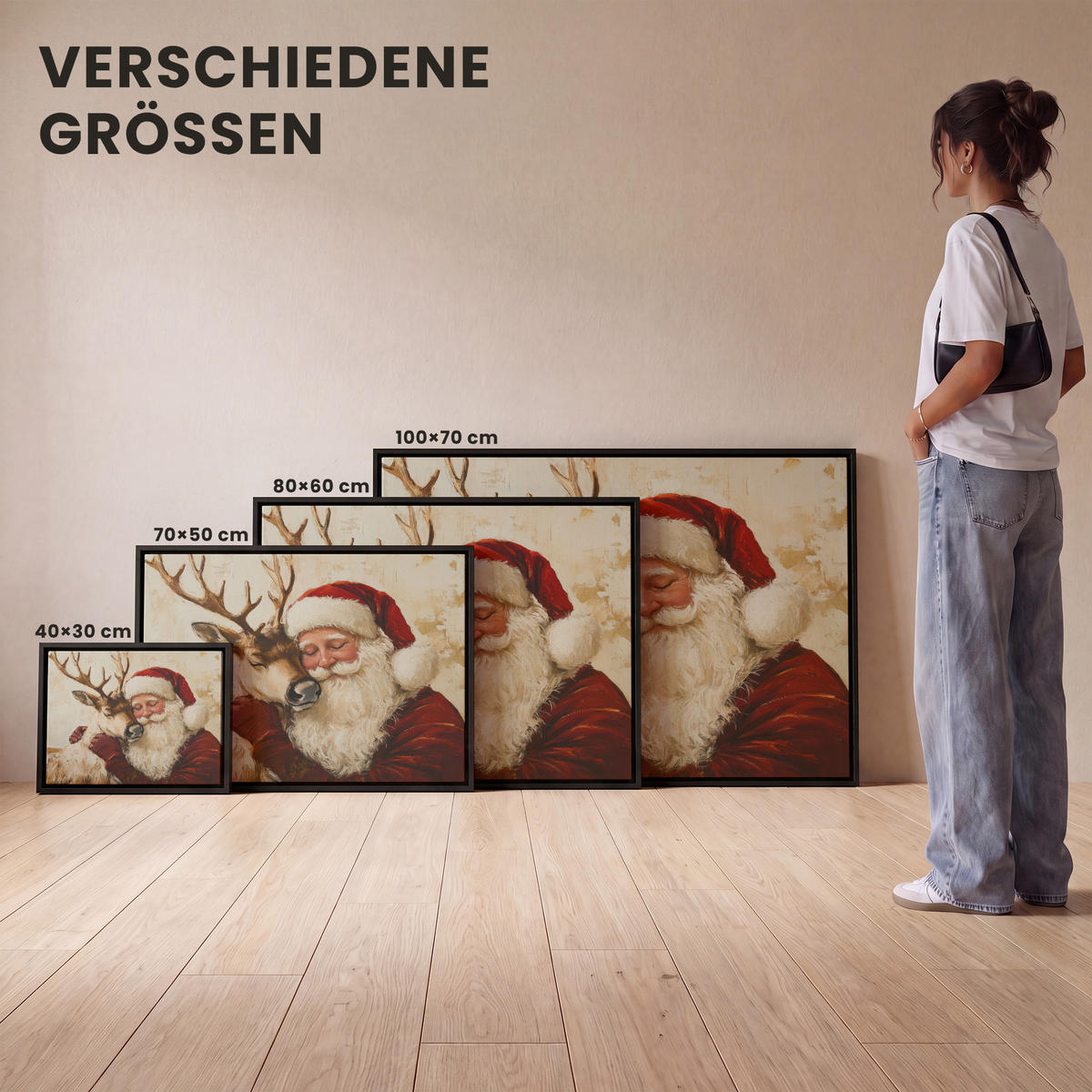 LEINWAND Bilder mit Rahmen - Weihnachtsmann - Rentier - Weihnachten - 80x60 - Rotbraun, Textil (80/60cm) - MuchoWow