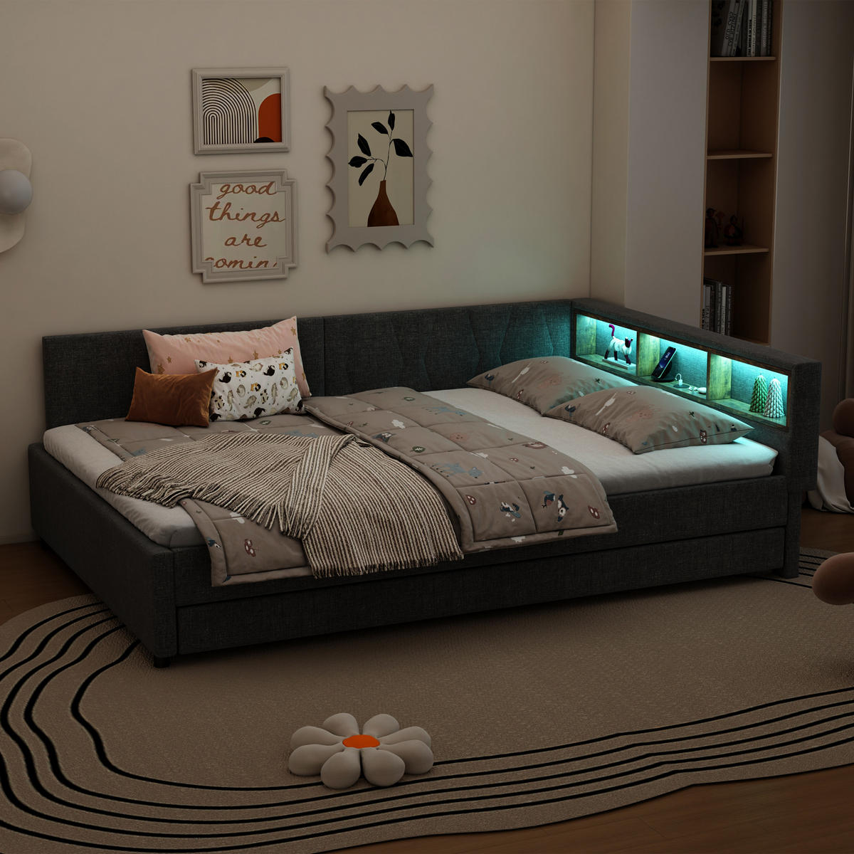 TAGEBETT 140x200cm Grau Leinen USB-C LED-Licht Ausziehbett - Grau, Holz (140/200cm) - FLIEKS